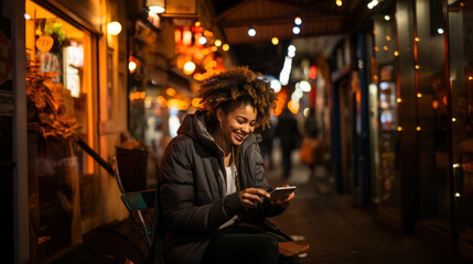 Obraz premium Cheerful woman with curly hair using her phone on a lively street with warm ambient lighting and festive decorations