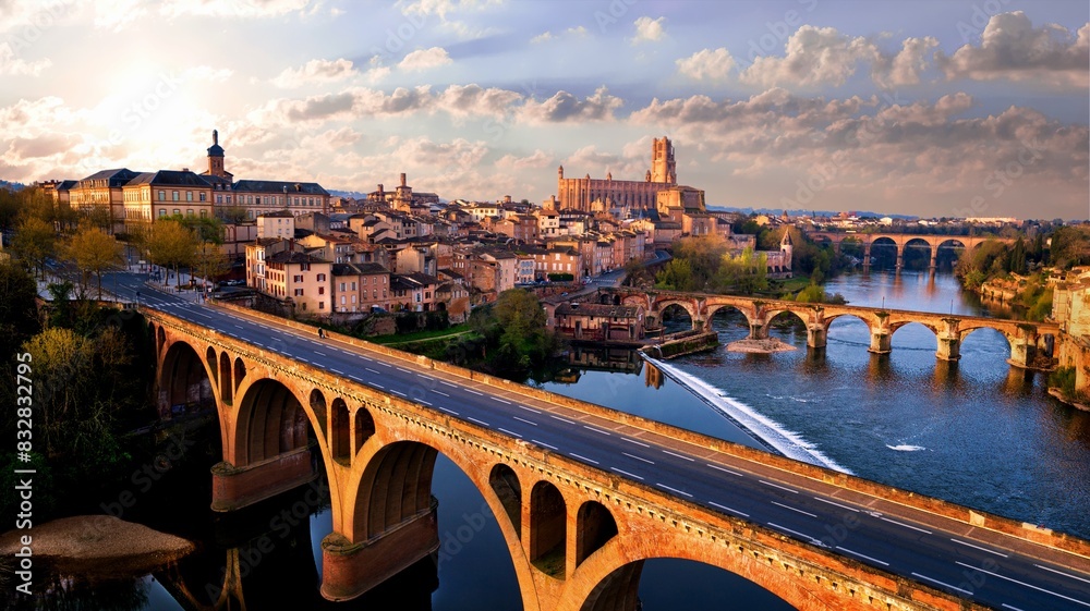 Wall mural scenic panorama of an ancient european city at sunset - Wall murals