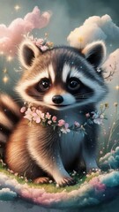 An illustration depicting a charming and moody raccoon decorated with delicate flowers.