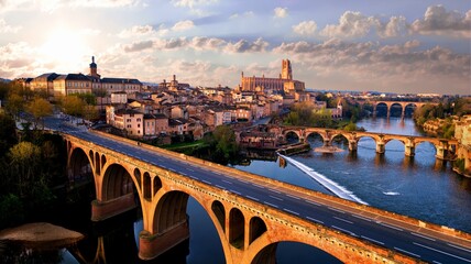 Scenic panorama of an ancient european city at sunset