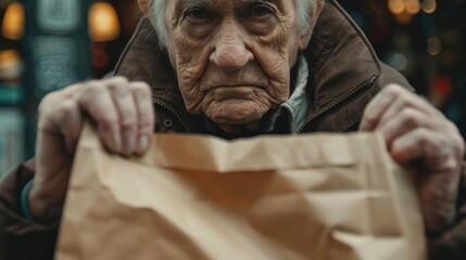 Close up of an elderly man holding a paper bag