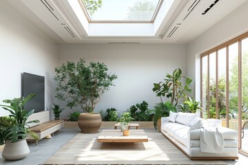 Scandinavian style living room with a skylight in the ceiling and a garden, interior scene and mockup. Generative AI 