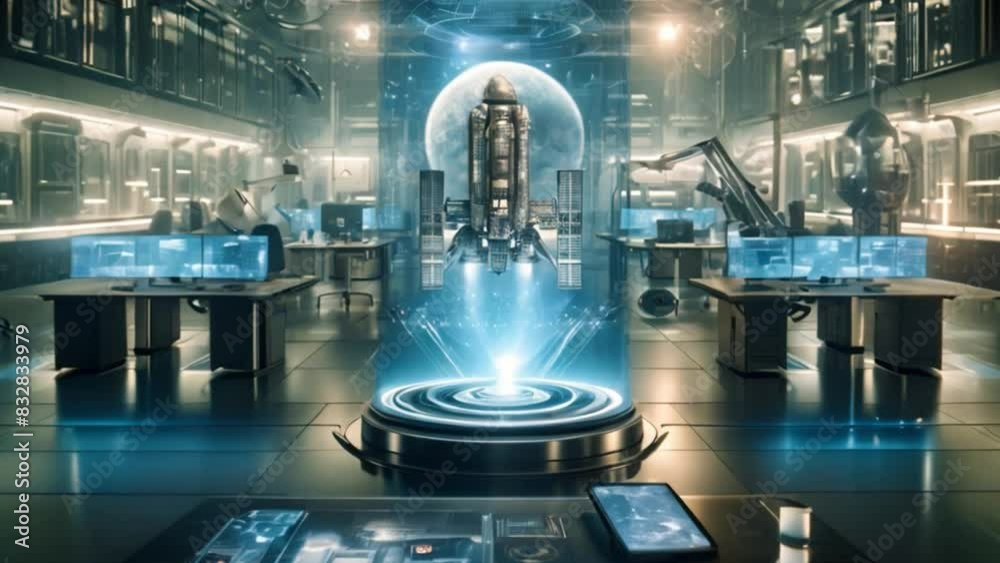 Poster A high-tech laboratory filled with advanced computer systems showcases a futuristic spacecraft hologram in operation during the late evening.