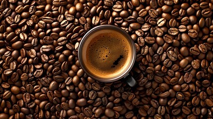 A perfect cup of espresso surrounded by coffee beans. Rich colors and inviting aroma. Ideal for coffee lovers and beverage advertising purposes. AI