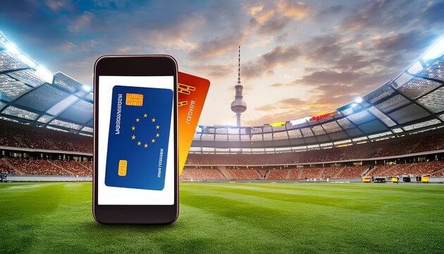 A cell phone is showing a credit card on a field