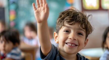 Children raise their hands to answer in the classroom. Back To School concept. Background with selective focus