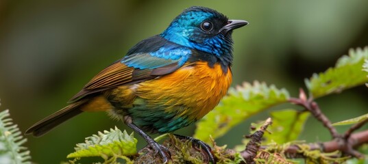 Obraz premium Colorful bird perched on tree branch with vibrant foliage, soft focused nature background
