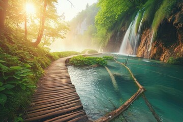 Beautiful summer landscape of Plitvice lakes in Croatia, wooden path leading to waterfall and lake with misty morning light - Powered by Adobe