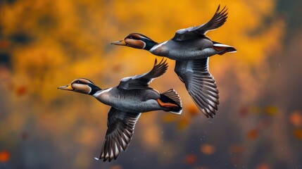 A pair of merganser ducks in flight - Powered by Adobe