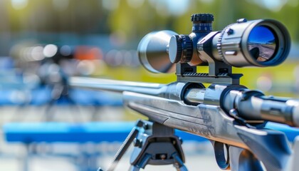 Precision focus  rifle barrel aimed at target in summer olympic games sport concept