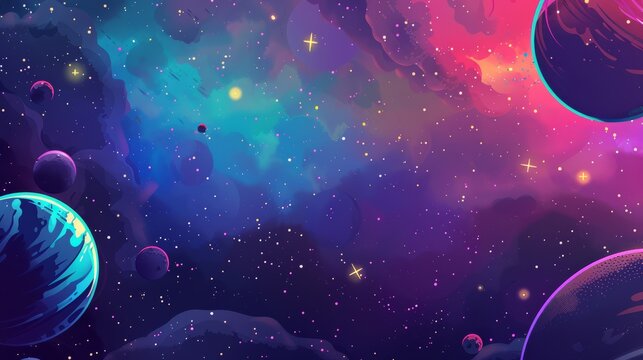 a cartoon background of space filled with stars and a faw faint planets in the background, colors should be vivid and playful 