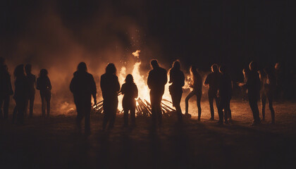 Fototapeta premium silhouettes of people having fun around a bonfire, sitting, playing guitar, chatting, sunrise