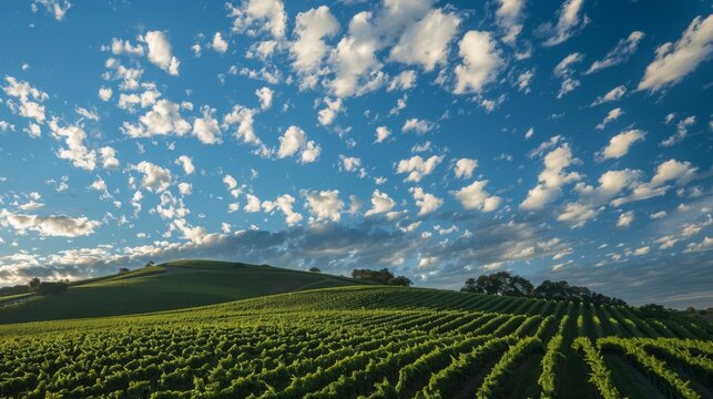 an unedited photograph of a green hill and blue sky with white clouds in the Los Carneros American Viticultural Area of Wine Country, California. At night, shadows, sunset, dusk. 