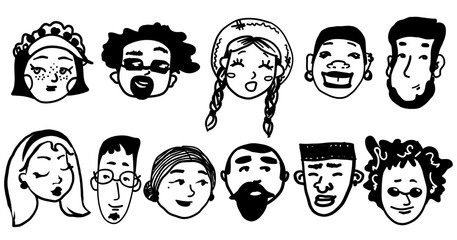 Different men and women portraits. Trendy stylish people avatar, icon, logo. Diverse contemporary cartoon faces set. Outline abstract cute sketch hand drawn collection. Isolated vector illustration