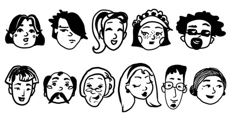 Fototapeta premium Different men and women portraits. Trendy stylish people avatar, icon, logo. Diverse contemporary cartoon faces set. Outline abstract cute sketch hand drawn collection. Isolated vector illustration