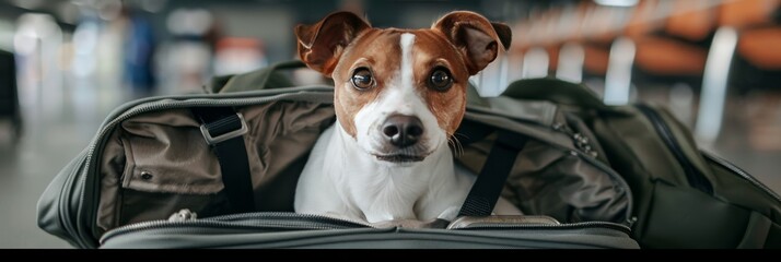Naklejka premium Charming pup on vacation dog in suitcase at airport with airplane in the backdrop