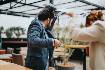 Caught in a sudden downpour, the business teammates used their papers to shield themselves as they hurried inside, their teamwork evident even in such a simple act.