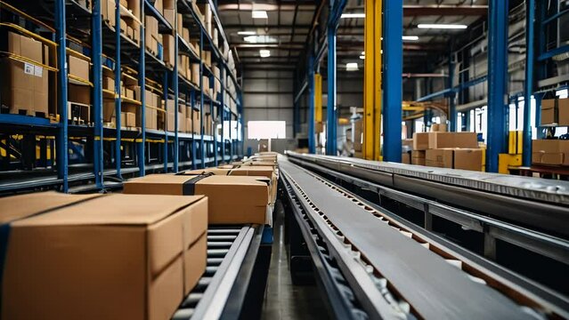Cardboard boxes on conveyor belts and rollers in distribution warehouse, Delivery and packaging service concept background