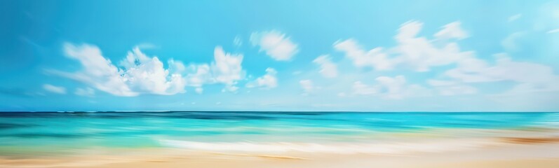 Fototapeta premium Abstract blur defocused background. Tropical summer beach with golden sand, turquoise ocean and blue sky with white clouds on bright sunny day