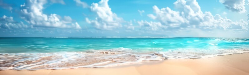 Abstract blur defocused background. Tropical summer beach with golden sand, turquoise ocean and blue sky with white clouds on bright sunny day