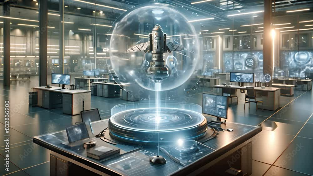 Aufkleber Engineers work on a holographic spacecraft model in a high-tech lab filled with advanced computer systems and futuristic interfaces during nighttime.