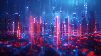 Obraz premium Create a 3D-style smart city scene blue and white scheme, there is a big screen in the middle of the city showing a rising line graph,showcasing elements such as smart transportation systems, smart bu