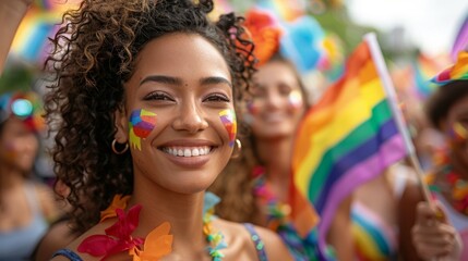 A woman at an LGBT parade in support of the pride community. Background with selective focus and copy space