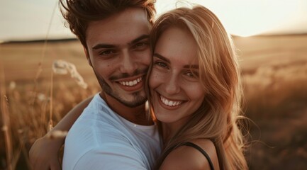 A man and woman are smiling and hugging in a field