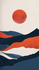 Abstract Red Sun Over Blue Waves Background