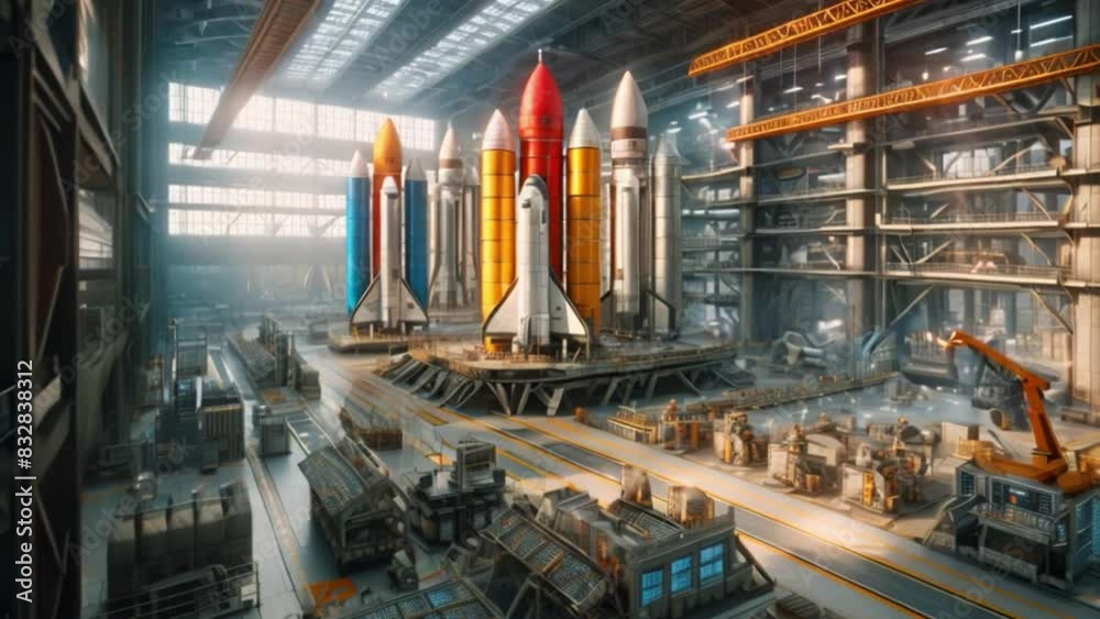 Fototapete A busy factory floor with multiple rockets in various stages of production, showing a dynamic industrial scene.