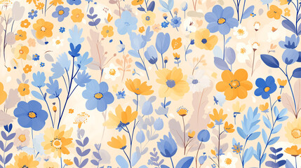 A tranquil background featuring a flat illustration pattern of abstract flowers and leaves in soft, dreamy colors, perfect for copy space