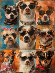 Fototapeta premium poster of torn photo collage featuring cool medium and large breed dogs wearing sunglasses or bandana