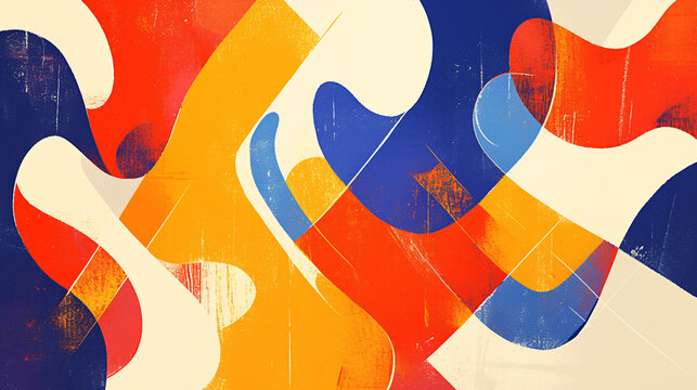 A bold abstract design with sharp, intersecting curves in bright primary colors, great for copy space