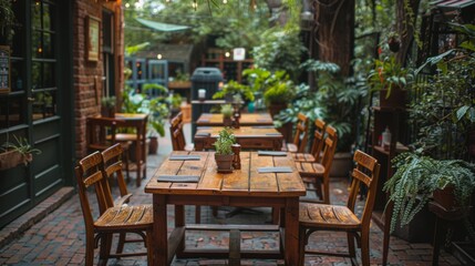 Obraz premium alfresco dining with cozy wooden furniture on a patio surrounded by greenery ideal ambiance for a leisurely meal outdoors