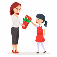 Illustration of a Happy Female Teacher Receiving a Bucket of Flowers from a Student School Uniform, White Clothes, Red Pants, for TEACHER'S Day celebration