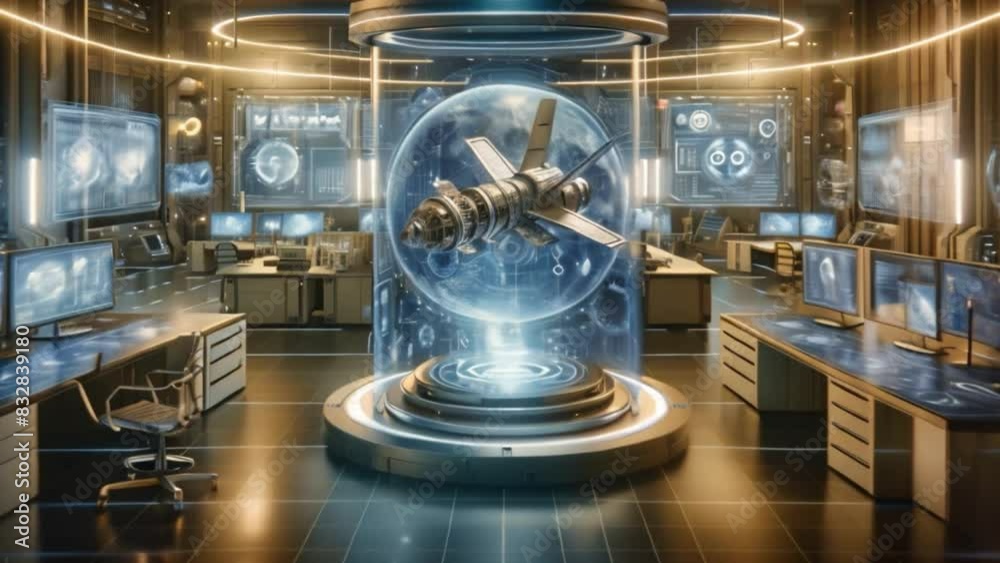 Poster a modern space research lab showcases a holographic satellite model surrounded by high-tech equipmen