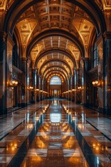 Obraz premium Agrand architectural hallway adorned with intricate details and luxurious finishes. The arched ceiling is richly decorated with golden hues and elaborate designs.