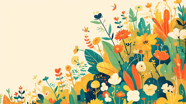 A playful abstract background with doodle-style drawings of kids, pets, and nature scenes, providing a lively backdrop for children's projects, with copy space