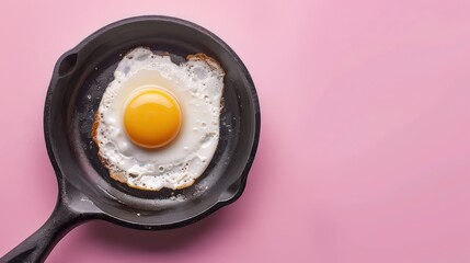 Creative food concept with fried egg on pan over pink background. Top view. Creative pattern in minimal style. Flat lay. Banner