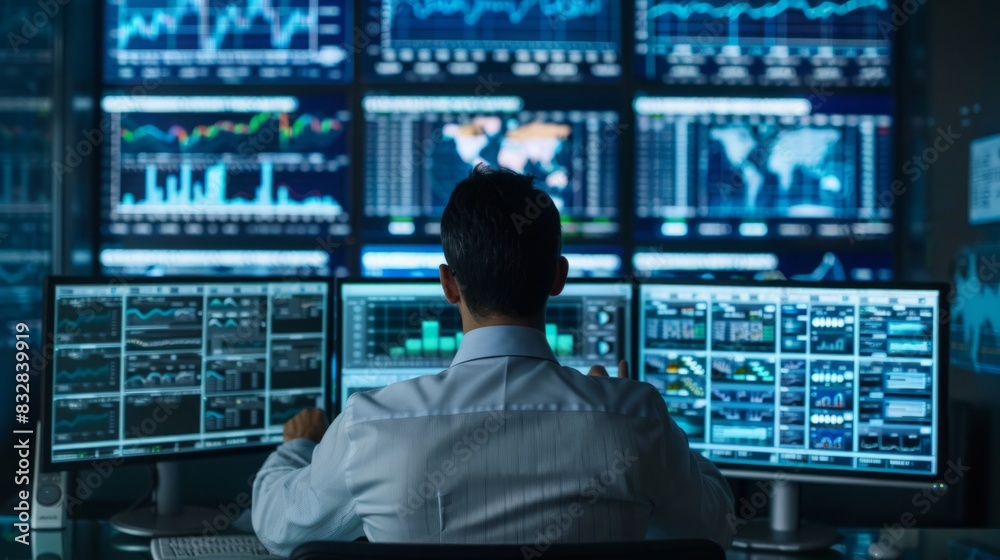 Poster a man sits at a desk, focused on multiple monitors displaying data and graphs.
