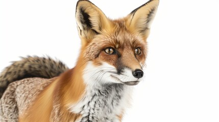 Fototapeta premium A cunning fox with its reddish fur and bushy tail, looking alert and ready to pounce, isolated on solid white background.