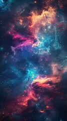 This image features a colorful nebula with swirling clouds of gas and dust in shades of blue, pink, and orange, illuminated by stars, set against the dark, expansive backdrop of deep space.