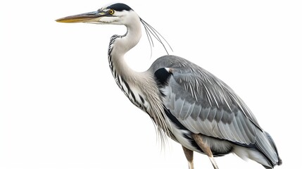 Fototapeta premium A majestic heron standing tall with its long neck and sharp beak, isolated on solid white background.