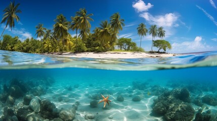 Tropical Island Paradise with Clear Blue Ocean and Underwater Starfish