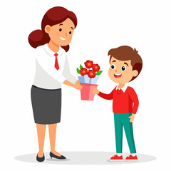 Illustration of a Happy Female Teacher Receiving a Bucket of Flowers from a Student School Uniform, White Clothes, Red Pants, for TEACHER'S Day celebration