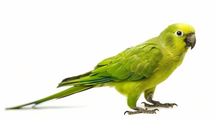 Fototapeta premium A playful Parrotlet with bright green plumage, isolated on a solid white background.