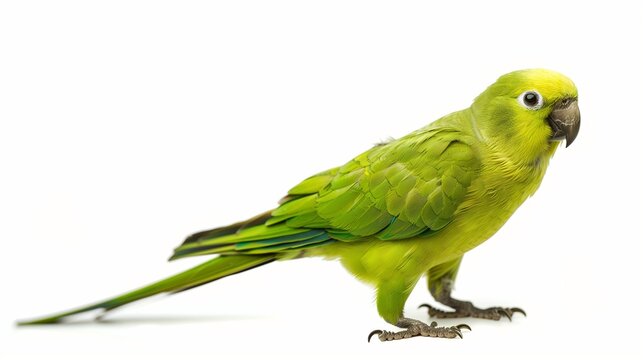 A playful Parrotlet with bright green plumage, isolated on a solid white background.