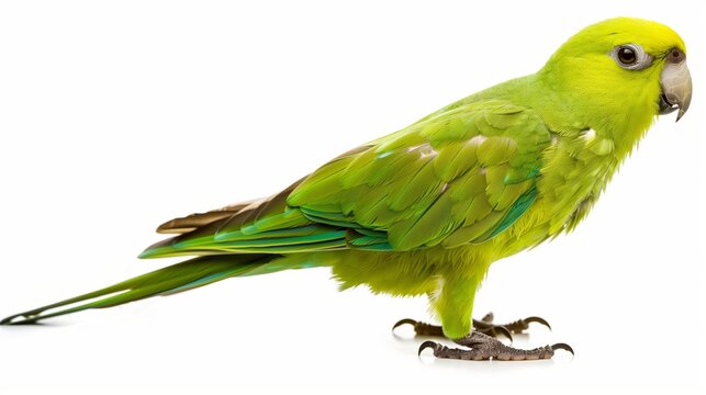 A playful Parrotlet with bright green plumage, isolated on a solid white background.