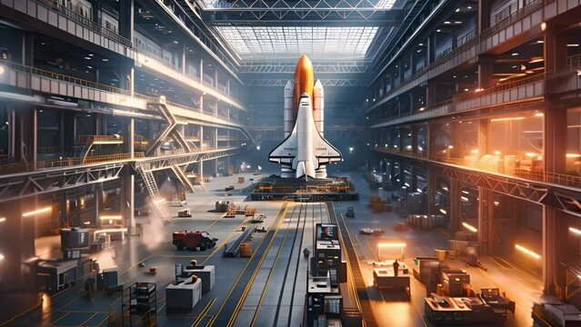 A space shuttle is being assembled in a high-tech facility with industrial equipment and sunlight illuminating the area through roof windows.