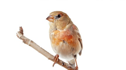 A tiny Finch perched on a twig, isolated on a solid white background.